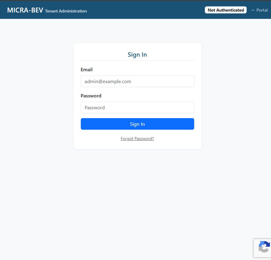 MICRA-BEV Login Page showing Sign In form with Email, Password, and Forgot Password link